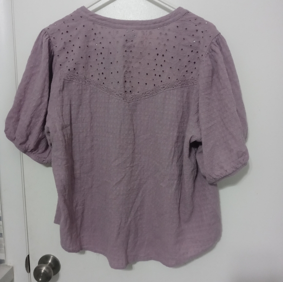 Knox Rose lilac short Balloon Sleeve Button Down peek a boo Floral Ruffle blouse - Picture 10 of 11